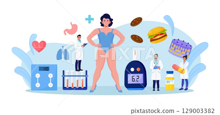 Obesity concept. Doctor consulting overweight woman. Physician diagnosis health problem, heart disease, diabetes, high blood pressure. Unhealthy eating habits and bad nutrition. Weight loss, dieting Obesity concept. Doctor consulting overweight woman. Physician diagnosis health problem, heart disease, diabetes, high blood pressure. Unhealthy eating habits and bad nutrition. Weight loss, dieting 129003382