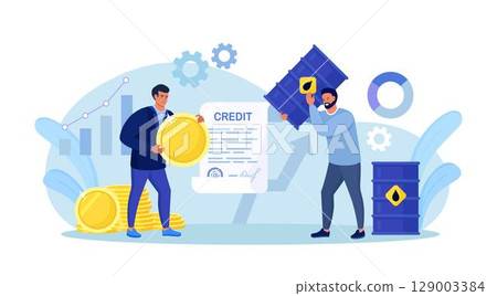 Businessman buying crude oil gallon. Business people hold dollar coin, steel barrel. Crude oil investment. Investor buy oil stock of fuel power company to make profit. Global stock market speculation 129003384