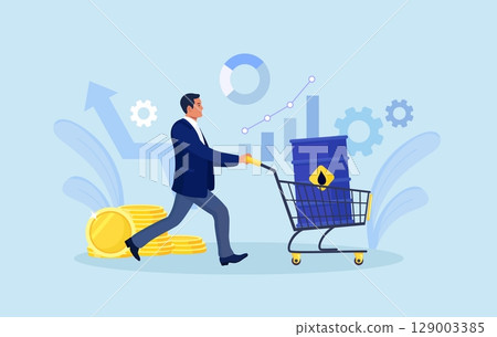 Businessman buying crude oil gallon. Man with barrel in shopping cart trolley. Crude oil investment. Investor buy oil stock of fuel power company to make profit. Global stock market speculation 129003385