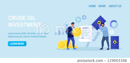 Businessman buying crude oil gallon. Business people hold dollar coin, steel barrel. Crude oil investment. Investor buy oil stock of fuel power company to make profit. Global stock market speculation 129003386