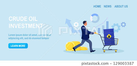 Businessman buying crude oil gallon. Man with barrel in shopping cart trolley. Crude oil investment. Investor buy oil stock of fuel power company to make profit. Global stock market speculation 129003387