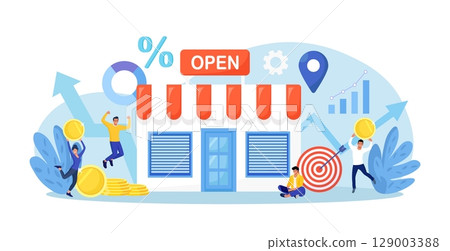 Business owner and entrepreneur open retail shop. Backing startup project. Banking loan to start new business. Investment in small business. New local store and happy customers 129003388