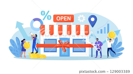 Business owner, entrepreneur open retail shop, cutting ribbon with scissors. Backing startup project. Banking loan to start new business. Investment in small business. New local store, happy customers 129003389