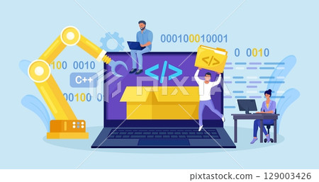 Developers creating software script at computer with open robotic soft. Open automation architecture, open source, free development. Programmers programming website for internet platform 129003426