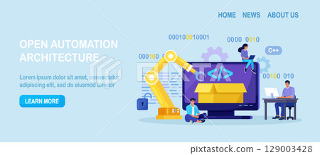 Developers creating software script at computer with open robotic soft. Open automation architecture, open source, free development. Programmers programming website for internet platform 129003428