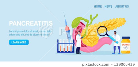 Pancreatitis concept. Gastroenterologist diagnose pancreas inflammation. Doctor examine patient. Digestive system disease treatment. Internal organs cancer 129003439