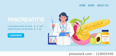 Pancreatitis concept. Gastroenterologist diagnose pancreas inflammation. Doctor examine patient. Digestive system disease treatment. Internal organs cancer. Pancreatitis concept. Gastroenterologist diagnose pancreas inflammation. Doctor examine patient. Digestive system disease treatment. Internal organs cancer. 129003440