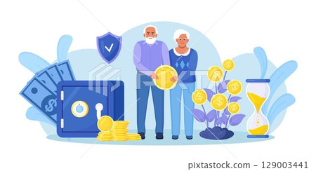 Elderly husband and wife are standing near bank safe, money tree, holding gold coin. Pensioners couple keeping cash in bank deposit account. Pension savings investment in retirement mutual fund Elderly husband and wife are standing near bank safe, money tree, holding gold coin. Pensioners couple keeping cash in bank deposit account. Pension savings investment in retirement mutual fund 129003441