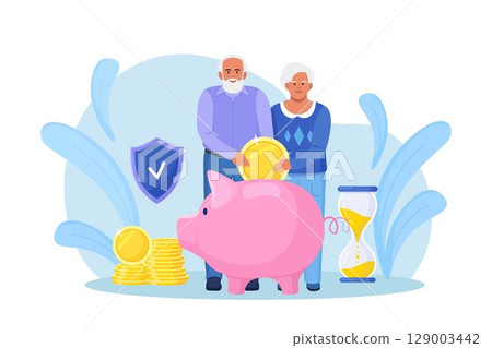 Elderly husband and wife throwing coins into piggy bank. Pensioners couple keeping money in bank deposit account. Pension savings investment in retirement mutual fund. Retirement, family budget Elderly husband and wife throwing coins into piggy bank. Pensioners couple keeping money in bank deposit account. Pension savings investment in retirement mutual fund. Retirement, family budget 129003442