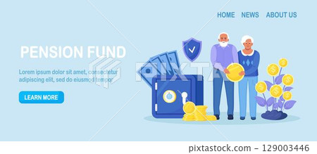 Elderly husband and wife are standing near bank safe, money tree, holding gold coin. Pensioners couple keeping cash in bank deposit account. Pension savings investment in retirement mutual fund 129003446