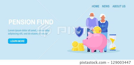 Elderly husband and wife throwing coins into piggy bank. Pensioners couple keeping money in bank deposit account. Pension savings investment in retirement mutual fund. Retirement, family budget 129003447