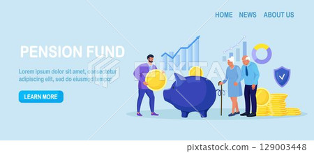 Pension Fund. Long-term Capital Investment. Elderly Husband and Wife are Standing Near Big Piggy Bank and Stack of Money. Pensioners Invest Money. Pension Savings, Insurance and Funded Pension 129003448