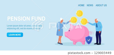 Elderly husband and wife throwing coins into piggy bank. Pensioners couple keeping money in bank deposit account. Pension savings investment in retirement mutual fund. Retirement, family budget 129003449