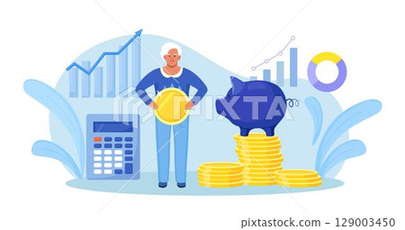 Elderly woman standing near stack of money, piggy bank holding gold coin. Grandmother pensioner keeping cash in bank deposit account. Pension savings investment in retirement mutual fund. 129003450