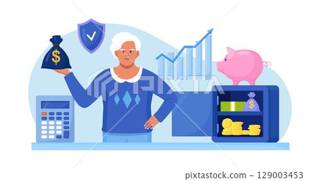 Elderly woman standing near safe, piggy bank, holding money bag. Pensioner keeping cash in bank deposit account. Pension savings investment in retirement mutual fund 129003453