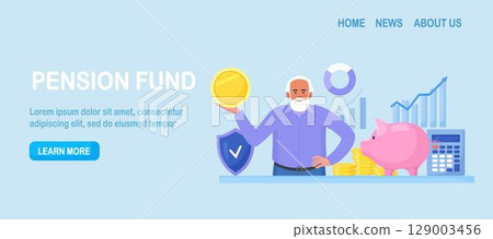 Elderly man standing near stack of money, piggy bank holding gold coin. Pensioner keeping cash in bank deposit account. Pension savings investment in retirement mutual fund. Financial saving insurance 129003456