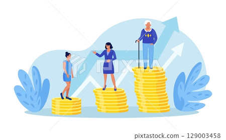 Retirement savings plan, financial investment growth. Pension management. Teenager, businesswoman, pensioner grandmother standing on stacks of gold coins money. People invest earning in pension fund Retirement savings plan, financial investment growth. Pension management. Teenager, businesswoman, pensioner grandmother standing on stacks of gold coins money. People invest earning in pension fund 129003458