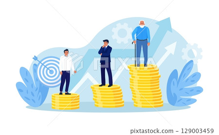Retirement savings plan, financial investment growth. Pension management. Teenager, businessman, pensioner grandfather standing on stacks of gold coins money. People invest earning in pension fund 129003459