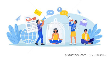 Stop spreading hoax and fake news. Young woman meditate under glass dome trying to stop false news from television, internet. Information noise, check spam. Online media, disinformation, propaganda Stop spreading hoax and fake news. Young woman meditate under glass dome trying to stop false news from television, internet. Information noise, check spam. Online media, disinformation, propaganda 129003462