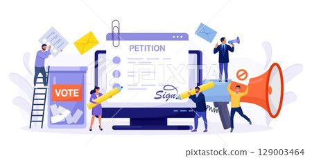 Petition form on computer screen. People signing and spreading petition or complaint. Online balloting, making choice. Paper, democracy. Collective public appeal document addressed to a government 129003464