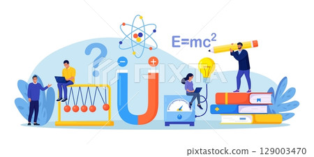Physics school subject. Scientists explore electricity, magnetism, physical forces, electromagnetic field. Theoretical, practical lesson. Physics courses experiment. People studying electricity energy 129003470