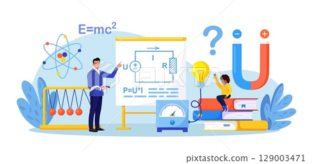 Physics school subject. Pupil studying electricity, magnetism, light wave and force in classroom. Teacher pointing at chalkboard, teaching kid. Child learn physical science. Theory, lab experiment 129003471