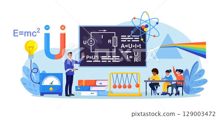 Physics school subject. Pupils studying electricity, magnetism, light wave and force in classroom. Teacher pointing at chalkboard, teaching kids. Children at desks learn physical science 129003472