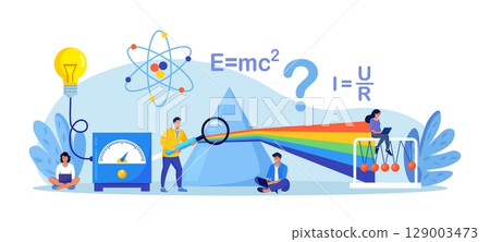 Physics school subject. Scientists explore electricity, light wave, magnetism, forces. Theoretical and practical study. Physics lesson and scientific experiment in laboratory. Physical science 129003473