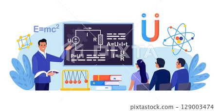Physics school subject. Student studying electricity, magnetism, light wave and force in classroom. Teacher pointing at chalkboard, teaching kids. People at desks learn physical science Physics school subject. Student studying electricity, magnetism, light wave and force in classroom. Teacher pointing at chalkboard, teaching kids. People at desks learn physical science 129003474