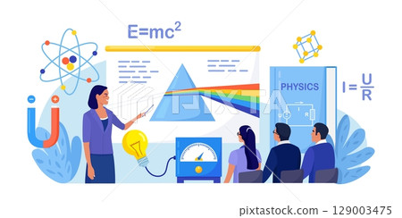 Physics school subject. Students studying color dispersion through prism in classroom. Scientist explore electricity, light wave forces. Teacher pointing at chalkboard, teaching pupils. Lab experiment Physics school subject. Students studying color dispersion through prism in classroom. Scientist explore electricity, light wave forces. Teacher pointing at chalkboard, teaching pupils. Lab experiment 129003475