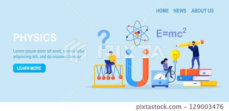 Physics school subject. Scientists explore electricity, magnetism, physical forces, electromagnetic field. Theoretical, practical lesson. Physics courses experiment. People studying electricity energy Physics school subject. Scientists explore electricity, magnetism, physical forces, electromagnetic field. Theoretical, practical lesson. Physics courses experiment. People studying electricity energy 129003476