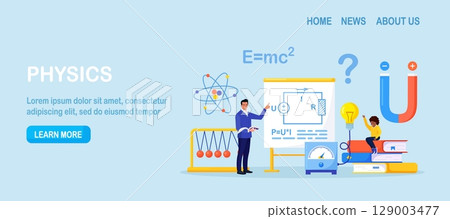 Physics school subject. Pupil studying electricity, magnetism, light wave and force in classroom. Teacher pointing at chalkboard, teaching kid. Child learn physical science. Theory, lab experiment 129003477