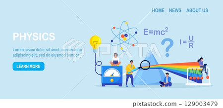 Physics school subject. Scientists explore electricity, light wave, magnetism, forces. Theoretical and practical study. Physics lesson and scientific experiment in laboratory. Physical science Physics school subject. Scientists explore electricity, light wave, magnetism, forces. Theoretical and practical study. Physics lesson and scientific experiment in laboratory. Physical science 129003479