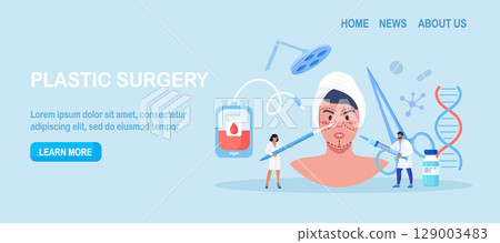 Plastic surgery. Doctors surgeons with syringe and scalpel doing facial contouring surgery to patient woman. Facial contouring, correction, cosmetic treatment. Face operation, anti-aging procedure Plastic surgery. Doctors surgeons with syringe and scalpel doing facial contouring surgery to patient woman. Facial contouring, correction, cosmetic treatment. Face operation, anti-aging procedure 129003483