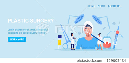 Plastic surgery. Doctors surgeons with syringe and scalpel doing facial contouring surgery to patient woman. Facial contouring, correction, cosmetic treatment. Face operation, anti-aging procedure Plastic surgery. Doctors surgeons with syringe and scalpel doing facial contouring surgery to patient woman. Facial contouring, correction, cosmetic treatment. Face operation, anti-aging procedure 129003484
