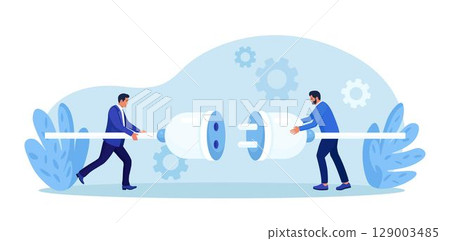 Business people connecting huge plug and outlet. Business strategy and connection, partnership. Cooperation, interaction. Businessman looking for new partners. Collaboration teamwork. Brainstorming Business people connecting huge plug and outlet. Business strategy and connection, partnership. Cooperation, interaction. Businessman looking for new partners. Collaboration teamwork. Brainstorming 129003485