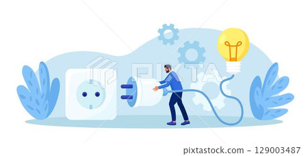 Businessman holding electrical plug with cord, connecting light bulb to power outlet. Business idea, solution. Investment in new project development, startup. Search for ideas and brainstorming Businessman holding electrical plug with cord, connecting light bulb to power outlet. Business idea, solution. Investment in new project development, startup. Search for ideas and brainstorming 129003487
