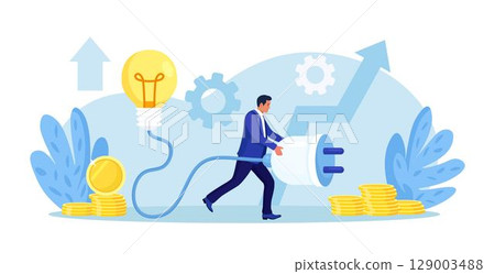 Businessman holding electrical plug with cord, connecting light bulb to power outlet. Business idea, solution. Investment in new project development, startup. Search for ideas and brainstorming Businessman holding electrical plug with cord, connecting light bulb to power outlet. Business idea, solution. Investment in new project development, startup. Search for ideas and brainstorming 129003488