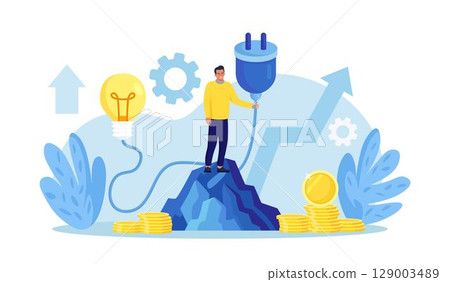 Businessman standing on rock, holding electrical plug with cord, turn on light bulb. Business idea, success solution. Investment in new project development, startup. Search for ideas and brainstorming 129003489