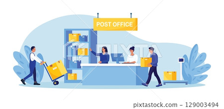 Post delivery office with reception desk. Postman giving parcels to customer in post department. Postal worker, courier carrying boxes, pushing hand cart. Parcel shipping, correspondence delivery 129003494