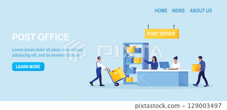 Post delivery office with reception desk. Postman giving parcels to customer in post department. Postal worker, courier carrying boxes, pushing hand cart. Parcel shipping, correspondence delivery 129003497