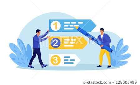 Prioritization. Businessmen set work priority, arrange to do list. Employees standing near important tasks list. Checklist with missions, urgency choice. Task planning, management to boost efficiency 129003499