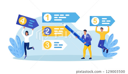 Prioritization. Businessmen set work priority, arrange to do list. Employees standing near important tasks list. Checklist with missions, urgency choice. Task planning, management to boost efficiency 129003500