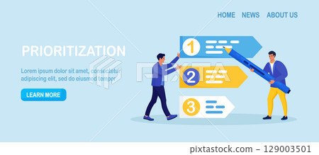 Prioritization. Businessmen set work priority, arrange to do list. Employees standing near important tasks list. Checklist with missions, urgency choice. Task planning, management to boost efficiency Prioritization. Businessmen set work priority, arrange to do list. Employees standing near important tasks list. Checklist with missions, urgency choice. Task planning, management to boost efficiency 129003501