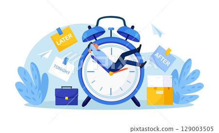 Procrastination or project deadline. Lazy businessman sitting on clock hands, dreaming and procrastinating instead of working. Productivity and efficiency in work. Postpone tasks to do later Procrastination or project deadline. Lazy businessman sitting on clock hands, dreaming and procrastinating instead of working. Productivity and efficiency in work. Postpone tasks to do later 129003505