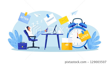 Procrastination or project deadline. Lazy business woman sitting with his legs on desk, dreaming and procrastinating instead of working. Productivity and efficiency in work. Resting office employee. 129003507