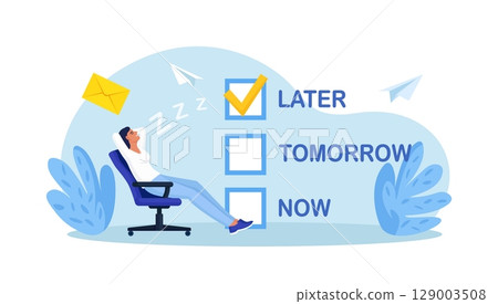 Procrastination or time management. Lazy employee sleeping postponing urgent tasks. Unproductive businessman dreaming and procrastinating instead of working. Do it later, postpone task to tomorrow Procrastination or time management. Lazy employee sleeping postponing urgent tasks. Unproductive businessman dreaming and procrastinating instead of working. Do it later, postpone task to tomorrow 129003508