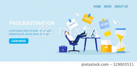 Procrastination or project deadline. Lazy businessman sitting with his legs on desk, dreaming and procrastinating instead of working. Productivity and efficiency in work. Resting office employee. Procrastination or project deadline. Lazy businessman sitting with his legs on desk, dreaming and procrastinating instead of working. Productivity and efficiency in work. Resting office employee. 129003511