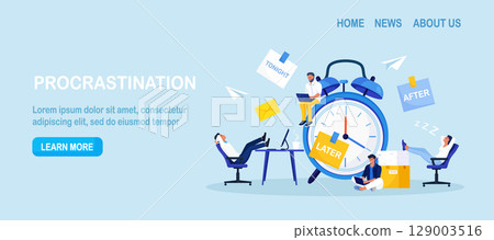 Procrastination or project deadline. Lazy business people sitting with his legs on desk, dreaming and procrastinating instead of working. Productivity and efficiency in work. Resting office employees 129003516