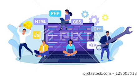 Developing programming and coding technologies and engineering development. Programmer or developer create code. Laptop screen with codes. Developer work with task, coding software using pc Developing programming and coding technologies and engineering development. Programmer or developer create code. Laptop screen with codes. Developer work with task, coding software using pc 129003518